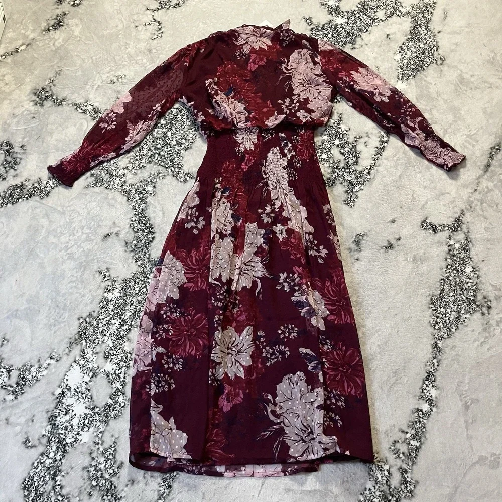 Bishop Young Dress Womens Size Medium‎ Burgundy Dahlia Floral Cameo Midi